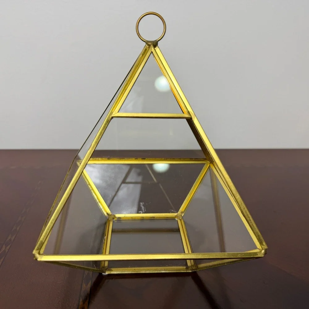 Vintage Brass Glass Pyramid Terrarium Geometric Display Case MCM Boho 80s‎ Decor